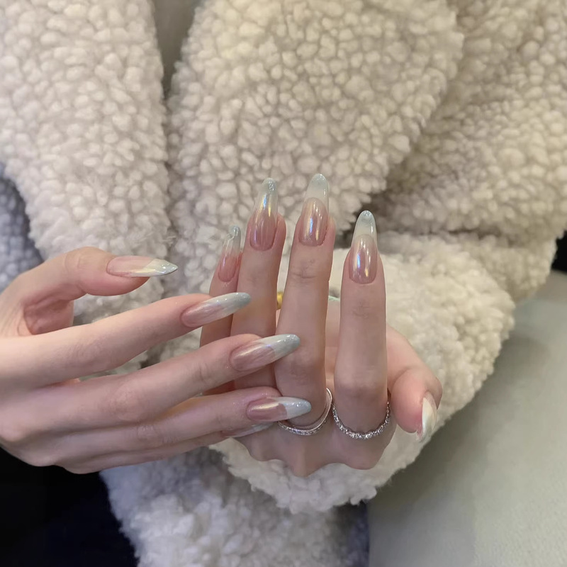 Classic Electroplated Style, Mint Green French High-End Look, Brightening Wearable Nails, Acrylic Nail Tips, Finished Products Wholesale