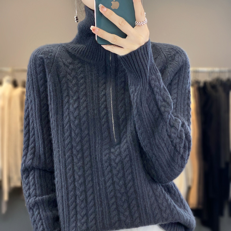polo高领纯色纽花100%羊毛针织套头毛衣女秋冬宽松百搭羊绒打底衫