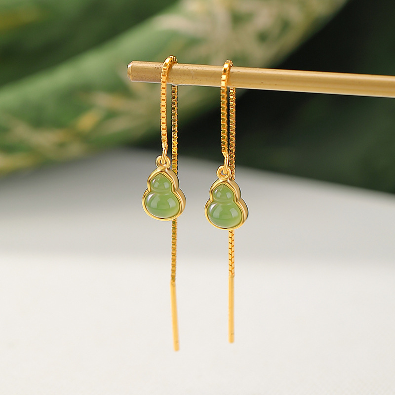 Khuyên tai dài bạc S925 mạ vàng đá Jasper hình bầu Fulu phong cách Trung Hoa — Mẫu bạc