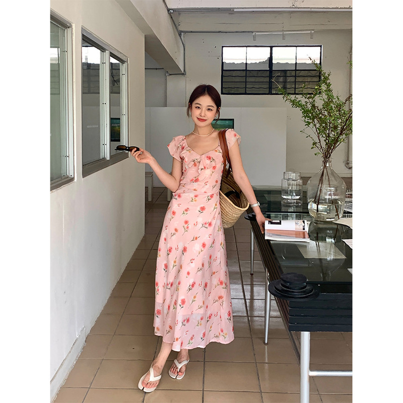 Huangluan French Ruffled Floral Dress Women's 2025 Summer Slim Fit Waist Long Skirt Women's 142Lh407