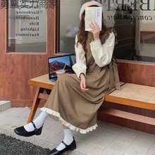 韩版气质棕色假两件连衣裙女2023春秋设计感长袖中长款裙子女