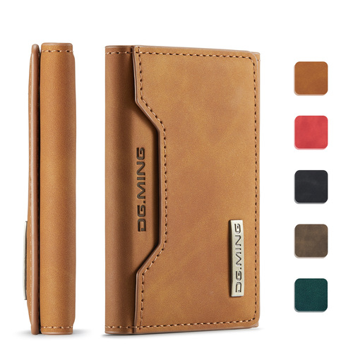 DG.MING Brown Retro Tri-Fold Card Holder, Multi-Card Slot ID Holder, Pocket Money Clip, Magnetic Card Case