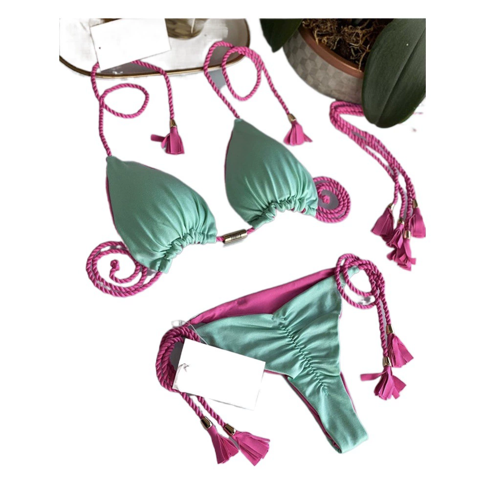 Новый сексуальный купальник для отпуска в европейском и американском стиле, двухкомпонентный, однотонный, для горячих источников, сексуальный разноцветный плетеный бикини