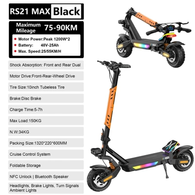 Qatlanan elektrik skuterlər overseas warehouse 10inch Off-road electric - lithium-battery-48v-25ah-front-and-rear-dual-shock-absorbers-long-range-75-90km-dual-drive-2400w-high-power