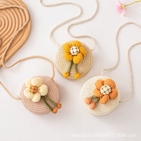 Spring and Summer New Children's Straw Small Bag Little Girl's Cute Change Crossbody Round Bag Princess Fashionable Shoulder Bag