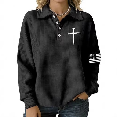 2026 Cross-Border Amazon Autumn and Winter New Women's Fashion Button-Up Sweatshirt with Cross and American Flag Print 2026 Cross-Border Amazon Autumn and Winter New Women's Fashion Button-Up Sweatshirt with Cross and American Flag Print