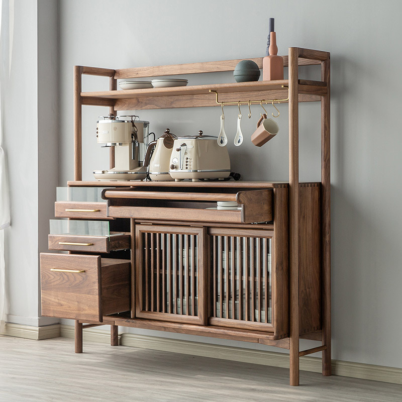 北美全实木餐边柜禅意新中式黑胡桃木餐厅储物柜轻奢简约收纳碗柜|ru