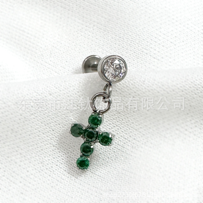 F136 Titanium Stud Earring Cylindrical Cross Pendant Inlaid 5A Zircon G23 Titanium Alloy Body Piercing Ear Bone Stud detail image 15