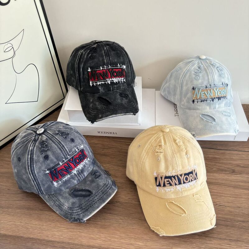 韓国風ファッションパッチ刺繍リッピングウォッシュデニム野球帽男性と女性用、カジュアルな顔見せの小さなひさし帽子|undefined