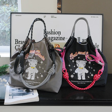 现货工厂直供自制日系刺绣尼龙环保袋单肩包女绣花帆布包防水包包