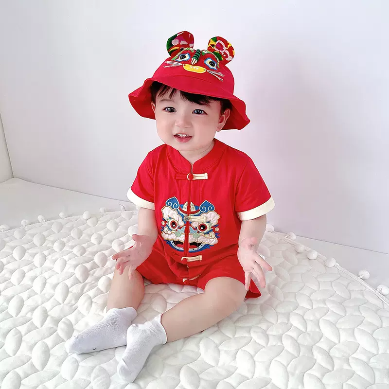 婴儿过年衣服宝宝衣服红色喜庆前开扣新生儿衣服抓周百天周岁礼服