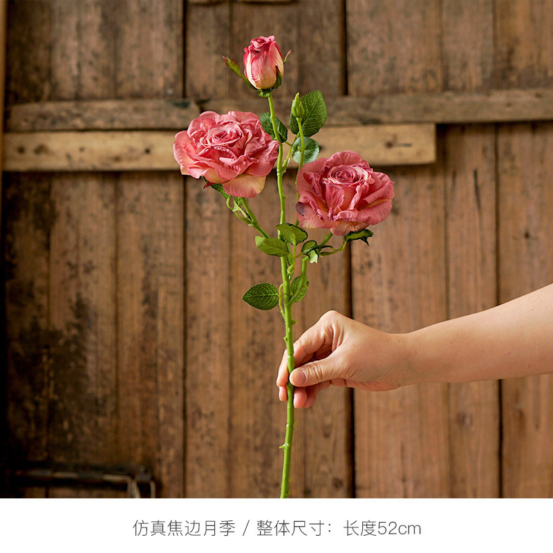 法式焦边玫瑰花假花复古客厅餐桌仿真花装饰干花摆件绢花插花摆设|undefined