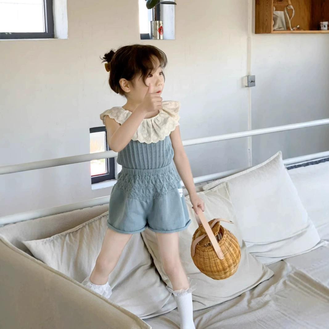 Летний синий вязаный жилет без рукавов, шорты, детская одежда