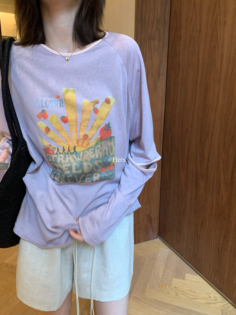 Áo thun nữ tay dài in họa tiết hoạt hình, chất liệu mỏng nhẹ, form rộng thoải mái — Xám tím, màu trắng chi tiết 21