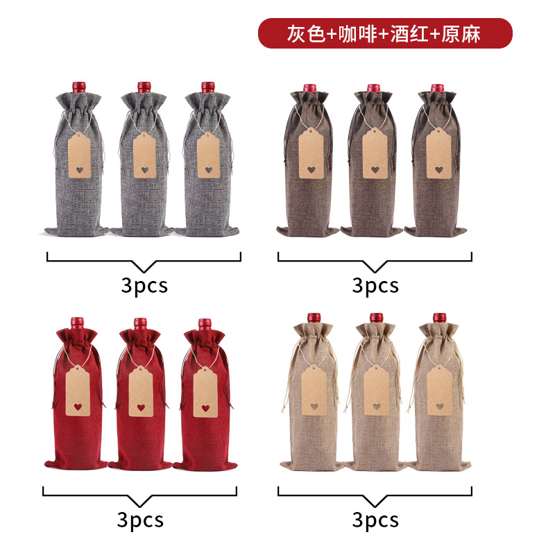 Suministro directo de fábrica bolsa de botella de vino de lino traje ciego degustación de vino botella cubierta de lino etiqueta bolsa de embalaje de vino tinto en stock al por mayor