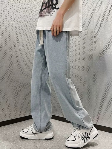 Champion men's jeans 2025 spring loose straight-leg adjustable waist pants American street style casual pants