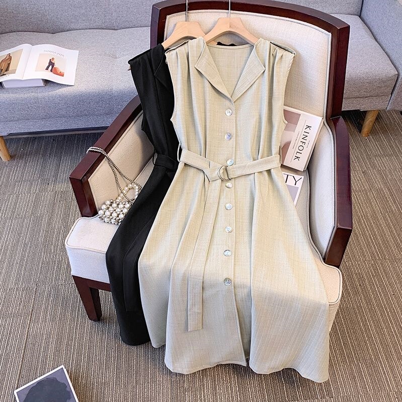 Plus-Size Women's Clothing with a Mature and Elegant Style, Sleeveless Dress That Makes You Look Taller and Slimmer, New Summer Model with Tie-Up Shirt Dress Plus-Size Women's Clothing with a Mature and Elegant Style, Sleeveless Dress That Makes You Look Taller and Slimmer, New Summer Model with Tie-Up Shirt Dress
