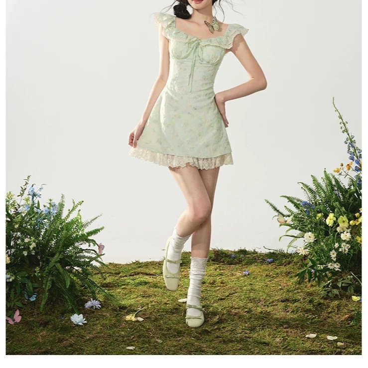 H2An1 Studio丨Original Sweet Mint Green Small Flying Sleeves Waist Puffy Suspender Floral Dress for Women Summer