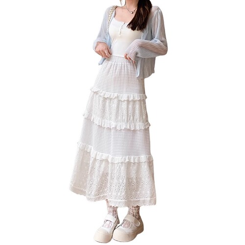 White Floral Skirt Women's 2025 New Spring and Autumn High Waist Slimming A-line Puffy Cake Dress Long Style 