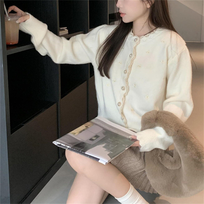 2024春秋新款拼色蕾丝拼接针织开衫女宽松设计感短毛衣外套上衣潮详情9