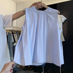 フランスの甘いしわの丸首の袖なしのベスト女性の夏感の外は小さいシャツの袖なしでやせている清新な上着のinsiを現します。