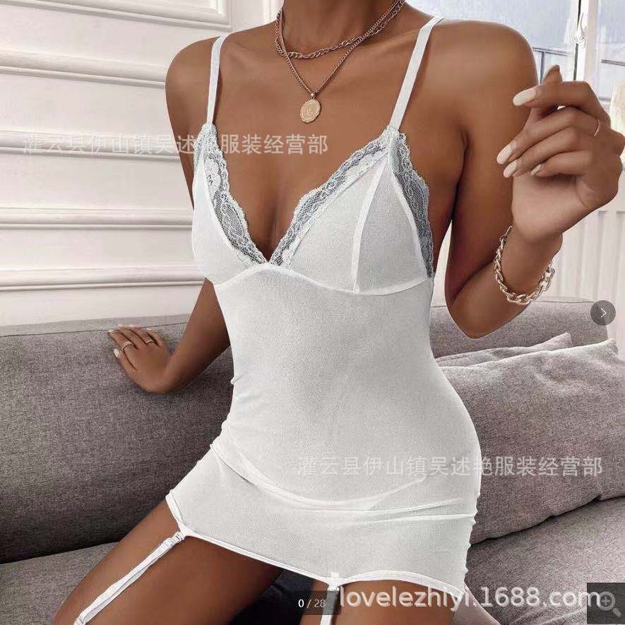 Camisón europeo y americano de talla grande con tiras y aberturas para mujer, con anillos para las piernas, lencería transparente multicolor.