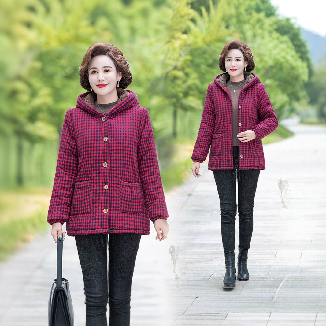 秋冬新款中老年妈妈冬装加绒棉衣外套休闲加厚连帽棉袄新款