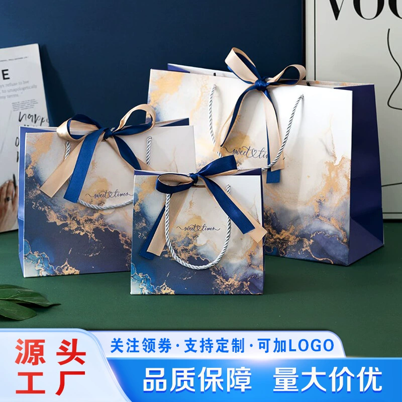 Высококачественный подарочный пакет, синяя сумочка, бумажный пакет с бантом, сумка для упаковки одежды, праздничный подарочный пакет, логотип можно добавить
