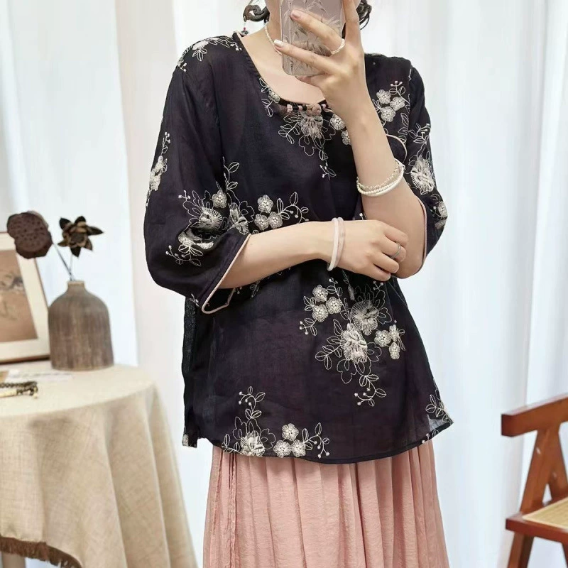 Новый высококачественный топ в китайском стиле в стиле ретро, ​​полностью вышитый топ с косыми лацканами, утягивающая льняная чайная рубашка для женщин