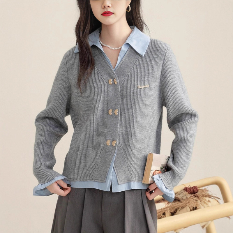 翻领针织开衫女学院风假两件拼接2025秋冬新款毛衣外套短款上衣潮|undefined