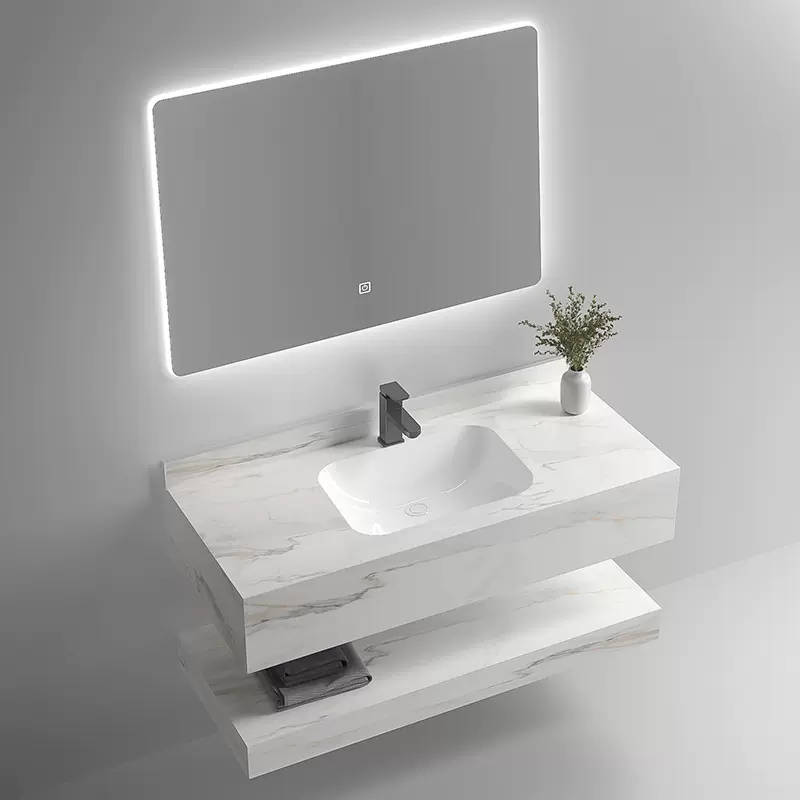 跨境定制酒店岩板无缝衔接一体盆浴室柜岩板台面卫生间洗手台盆柜