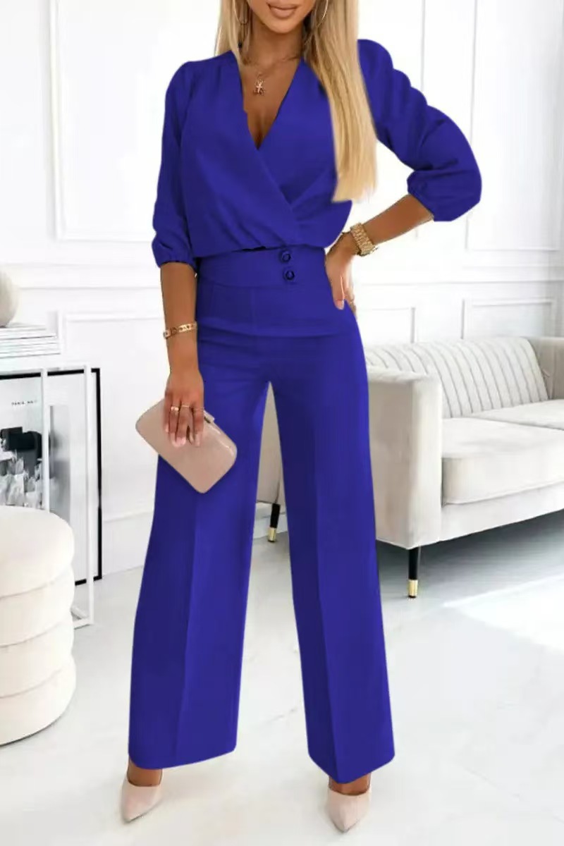 Women's Solid Color V-Neck Two-Button Casual 2-Piece Pant Set Regular Thickness For Spring/Autumn And Summer_ecoleips.com
