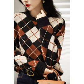 设计感格调 复古撞色菱格 宽松慵懒型洋毛厚实毛衣女ELZY47701