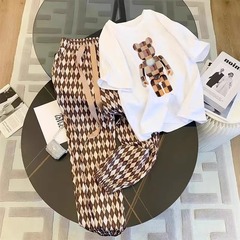 欧品ファッション高級カジュアルスーツ女性夏ネット赤揚げ街ベアー半袖菱格束足ズボン2点セット/