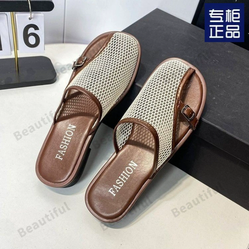 Сетчатые дышащие сандалии, маленькие ароматные полусандалии Baotou, женские плоские тапочки, летние уличные тапочки для женщин 2025 года