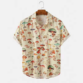 跨境外贸男装衬衣2023夏季新款潮流个性蘑菇印花宽松夏威夷衬衫男