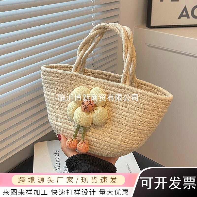 Bolso de mano de verano para mujer, estilo 2026, bolso tote tejido de cuerda de algodón, bolso de playa para viaje, venta al por mayor transfronteriza
