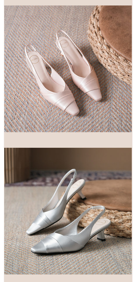 Sandal nữ bít mũi hở gót vải satin mũi vuông gót thấp thanh lịch — Màu bạc, Màu hồng nhạt, Màu trắng ngà chi tiết 8