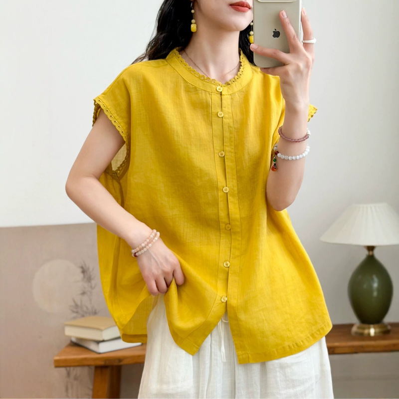 Summer New Style Sweet Lace Collar Patchwork Short-Sleeved Ramie Shirt Artistic Solid Color Linen Cardigan Top