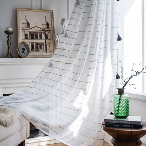 Yimanqiyun striped window screen black tassel decorated translucent curtain finished product modern simple cross-border exclusive supply