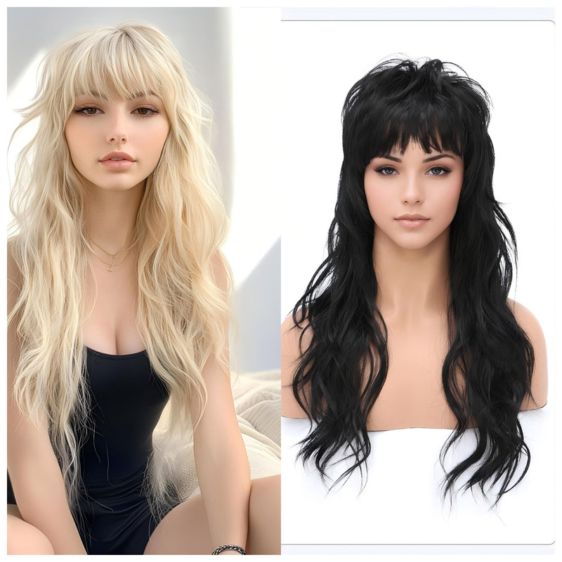 European and American Cross-Border Long Curly Wig 80S and 90S Rock Punk Female Long Hair Golden Black Headgear