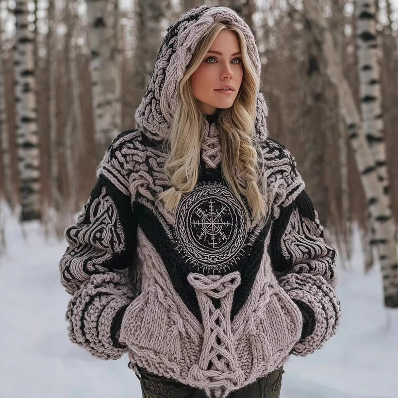 2025 Amazon Independent Station Cross-Border New Product European and American Retro Printed Women's Hooded Imitation Knitted Sweatshirt