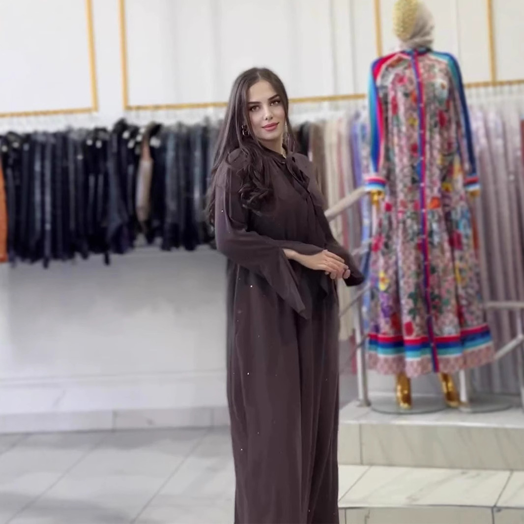 In-stock Middle Eastern Cross-border New Product Dress, Style With Ties, Round Neck, Long Sleeves, Elegant Shiny_ecoleips.com