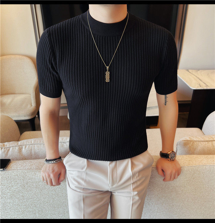 Herren Schwarz Hochgeschlossener Kurzarm Strickpullover Slim Fit_voghion.com