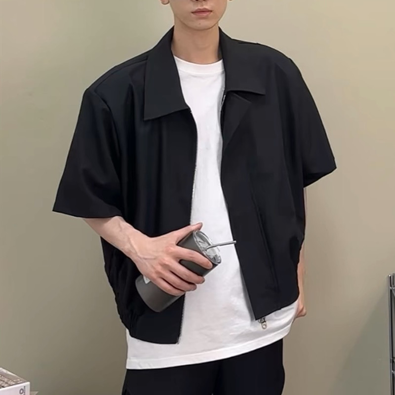 Shoulder-Padded Short-Sleeved Shirt Jacket Men's Summer Handsome Design Men's Black Short Bomber Jacket Top Shoulder-Padded Short-Sleeved Shirt Jacket Men's Summer Handsome Design Men's Black Short Bomber Jacket Top