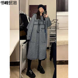 韩系感灰色牛角扣毛呢子大衣中长款秋冬季宽松气质外套女装