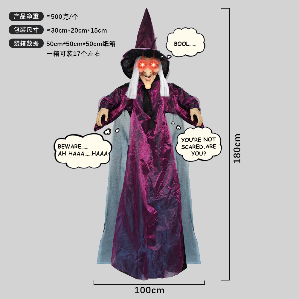Bruja Morada con Voz Activada, Brillante, que Grita, para Escape Room, Terrorífica, Fantasma Colgante, Bruja, Accesorio para Casa Encantada de Halloween