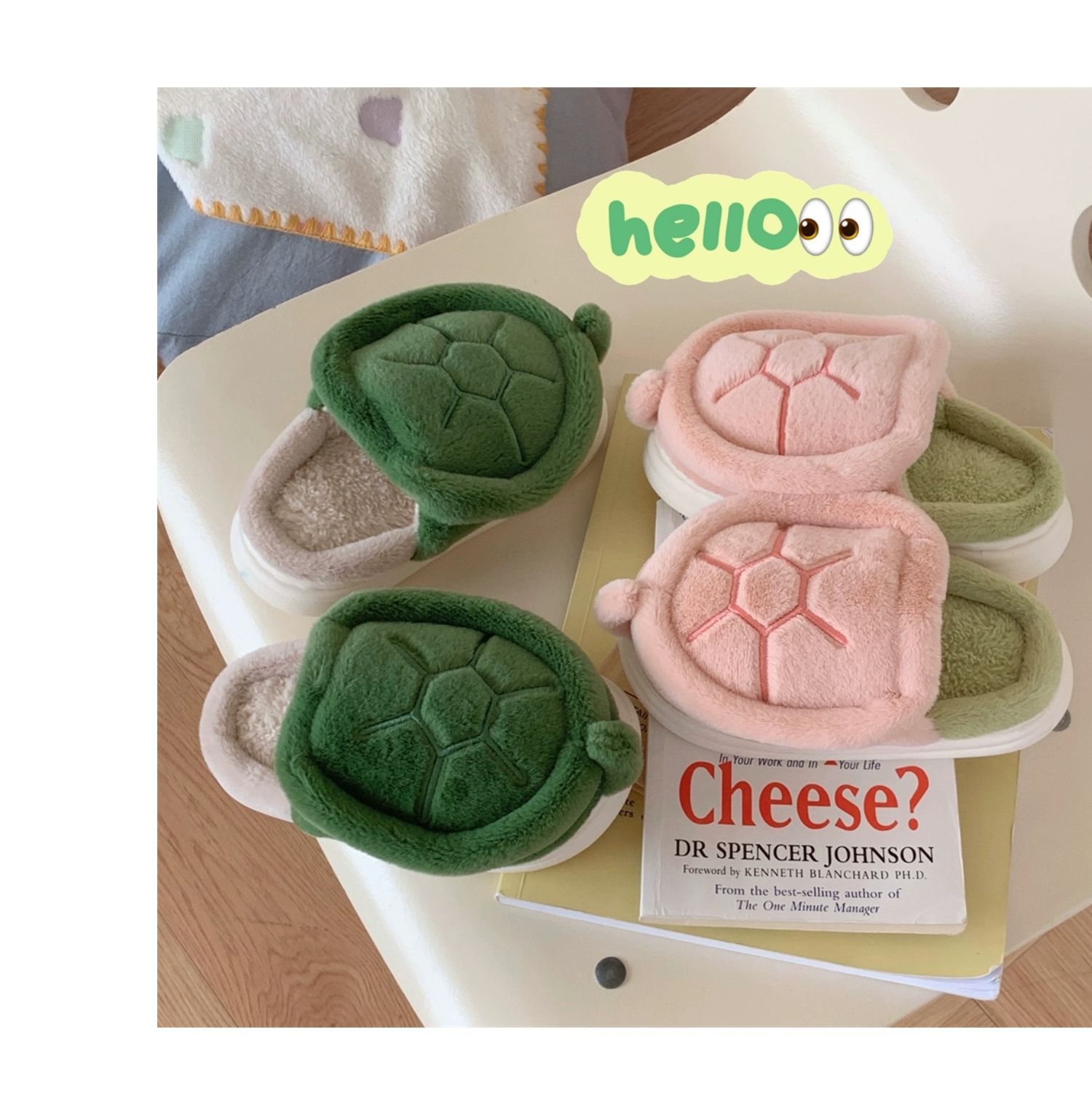 Green turtle-shaped slippers and pink turtle-shaped slippers in photo