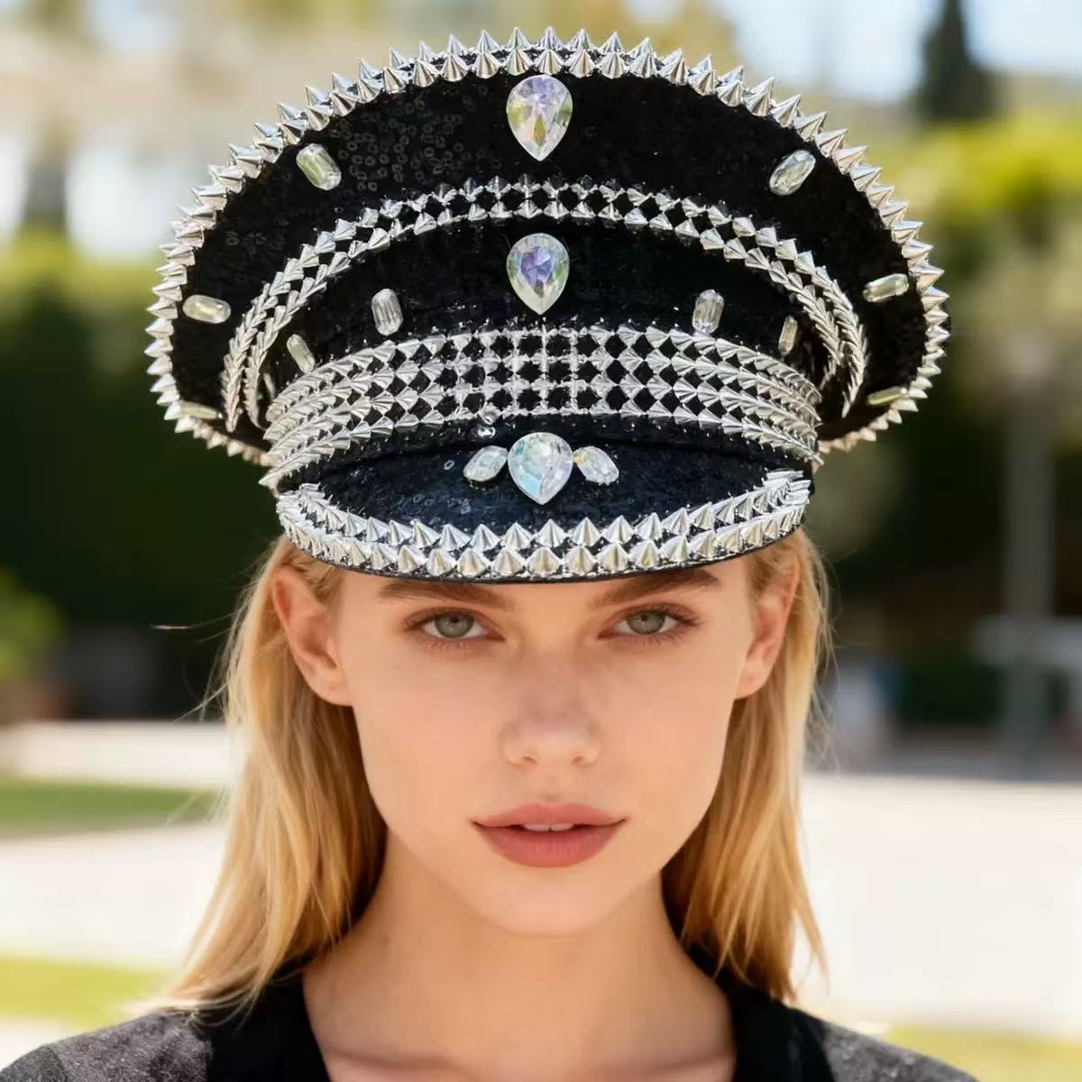블랙 & 실버 다이아몬드 장식 해군 모자