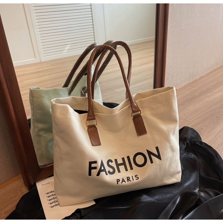 262g Weight Polyester Lining Material Open Closure Type Single Shoulder Strap Strap Type Tote Bag Bags Type Holiday, Daily Occasion Canvas Material Letter Pattern All Seasons Season Women's Gender Classic Style Style Square Shape Large Size Women's Large Canvas Letter Classic Style Square Open Tote Bag 27